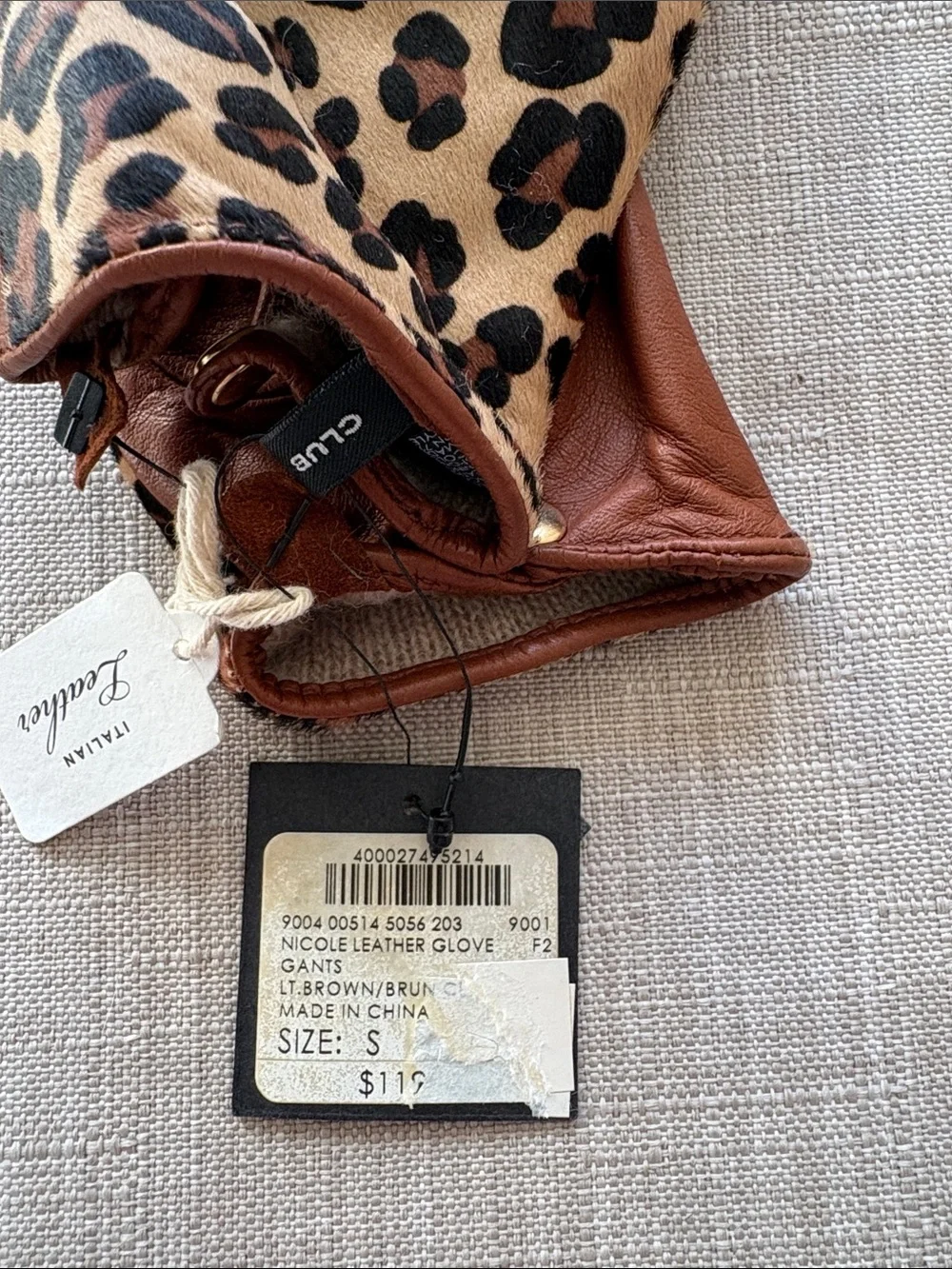 Club Monaco Brown Leather Gloves with Leopard Print Back